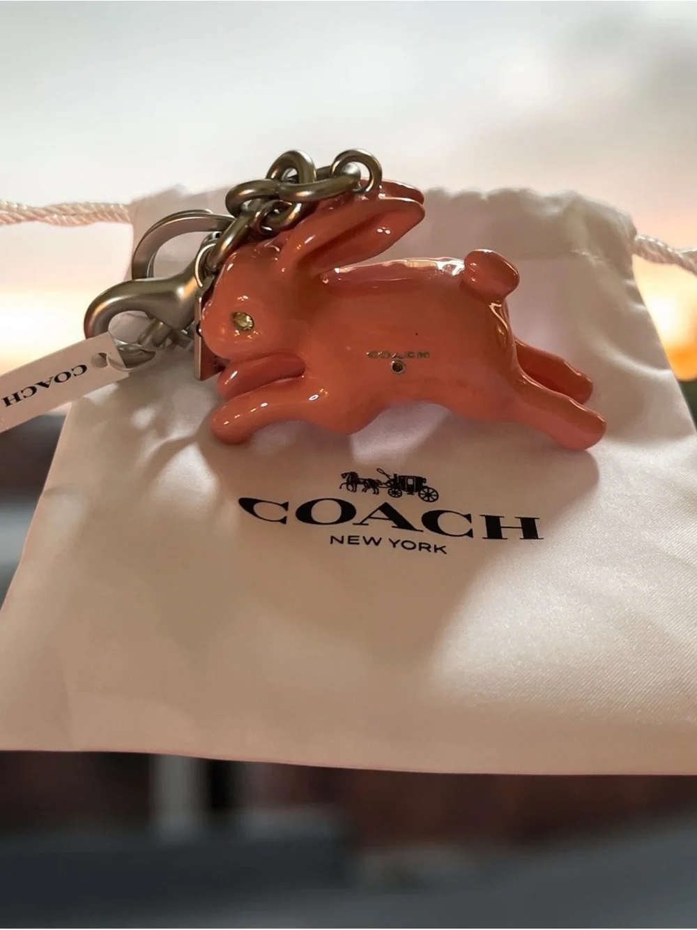 NWT coach, pink, solid bunny, bag charm with clip